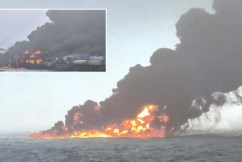 Fiery collision between US oil tanker and cargo ship