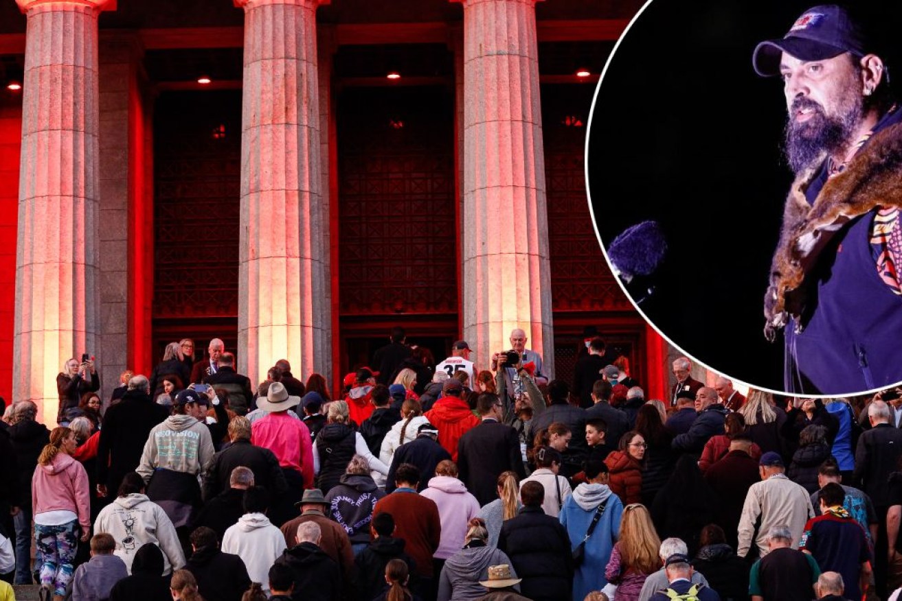 Hecklers interrupted Bunurong and Gunditjmara man Uncle Mark Brown. 
