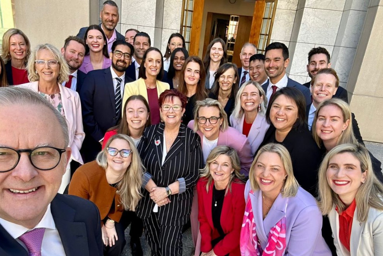 Prime Minister Anthony Albanese takes a selfie with Labor's new MPs.