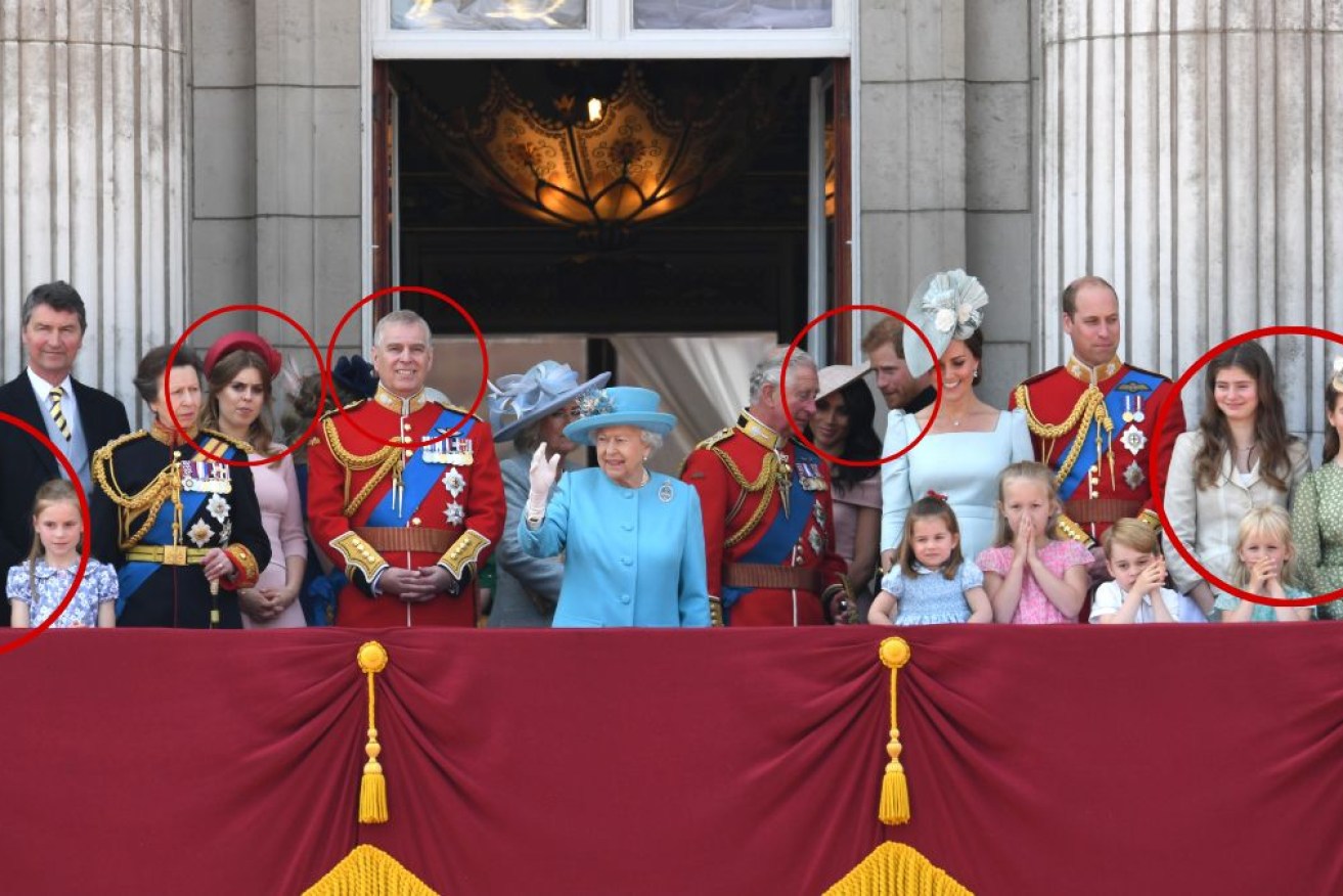 The extended royal family on the Buckingham Palace balcony in 2018. All those circled are likely to be among this year's absentees.