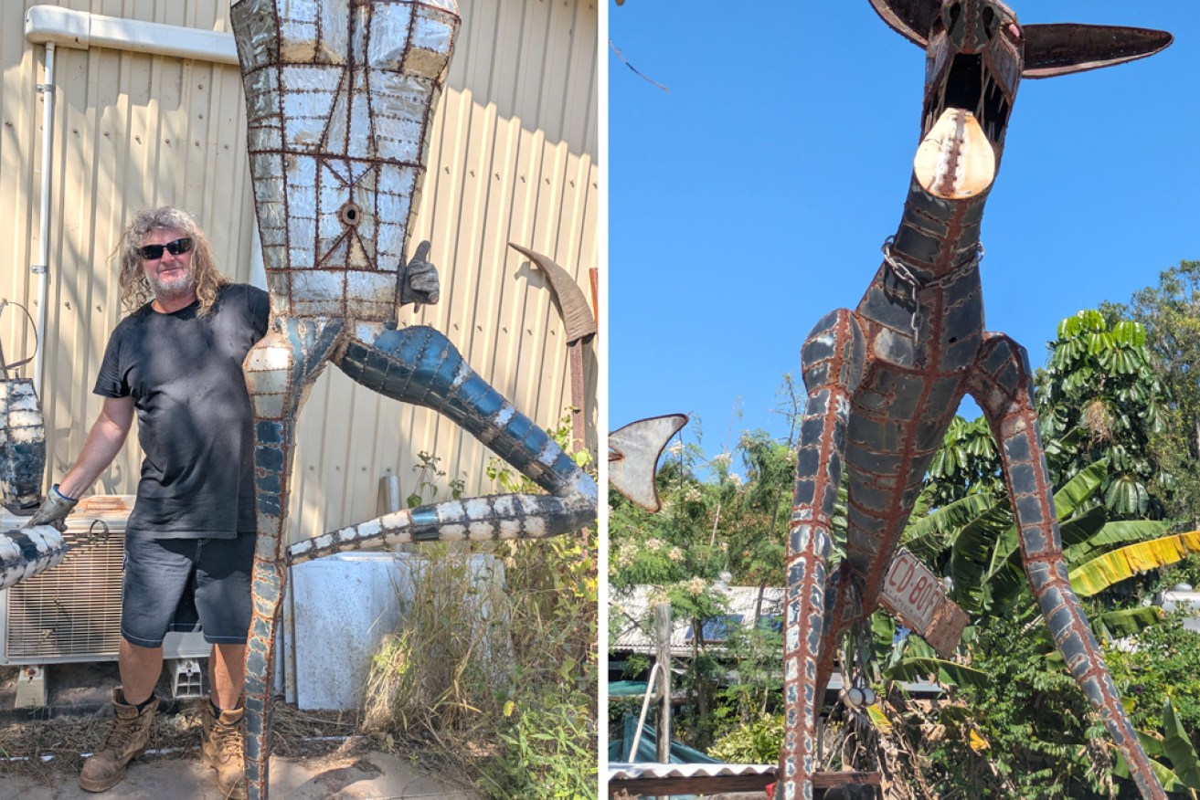 Sculptor Joe Stark with one of his works at home in Nhulunbuy, East Arnhem Land.