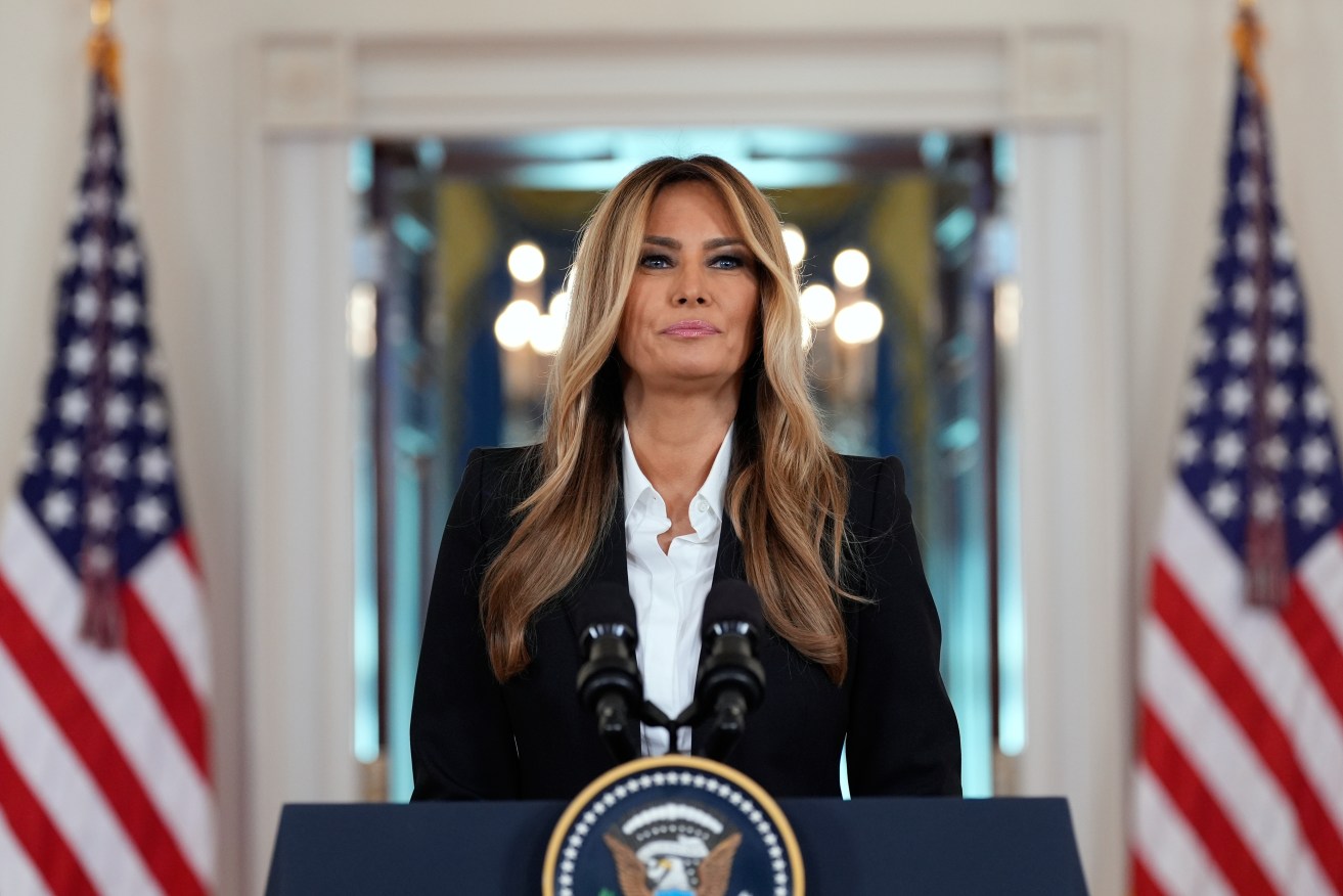 First lady Melania Trump speaks in the Grand Foyer of the White House.