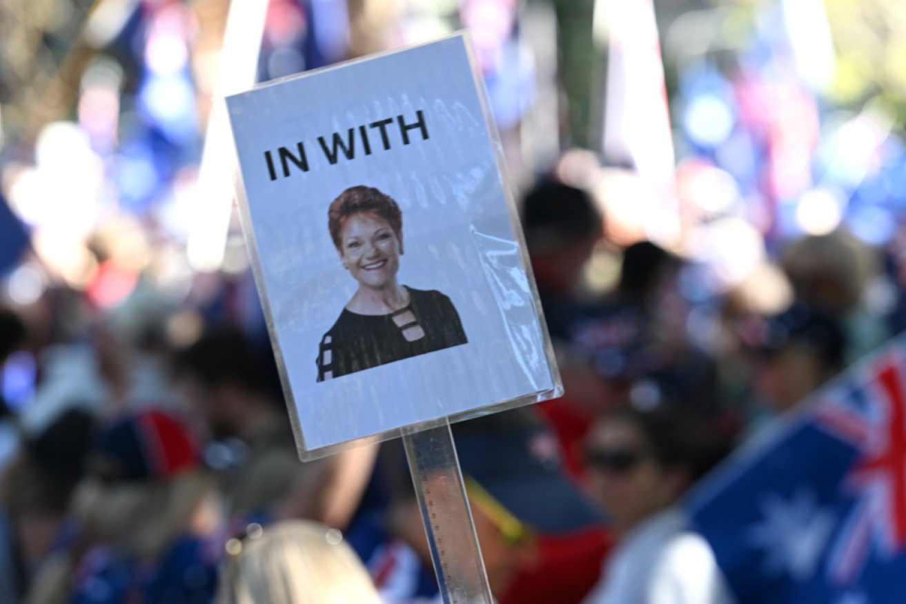 A One Nation sign at an anti-immigration rally in Sydney in August.
