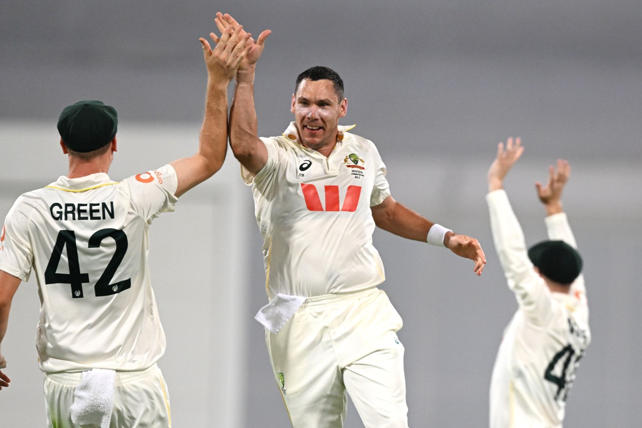 Australian bowler Scott Boland celebrates taking the wicket of England batsman Harry Brook.