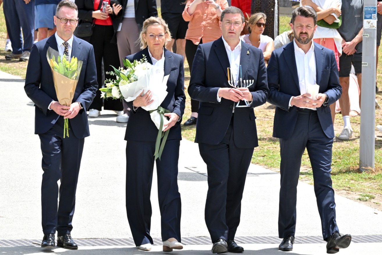 Opposition Leader Sussan Ley and frontbenchers Andrew Bragg, Julian Leeser and Jonathon Duniam at Bondi Beach.