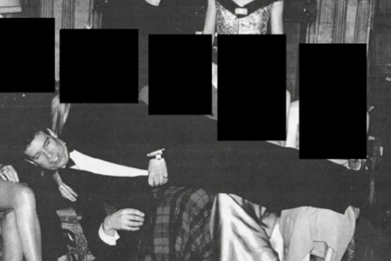 Andrew Mountbatten-Windsor lays on people's laps with Ghislaine Maxwell standing above.