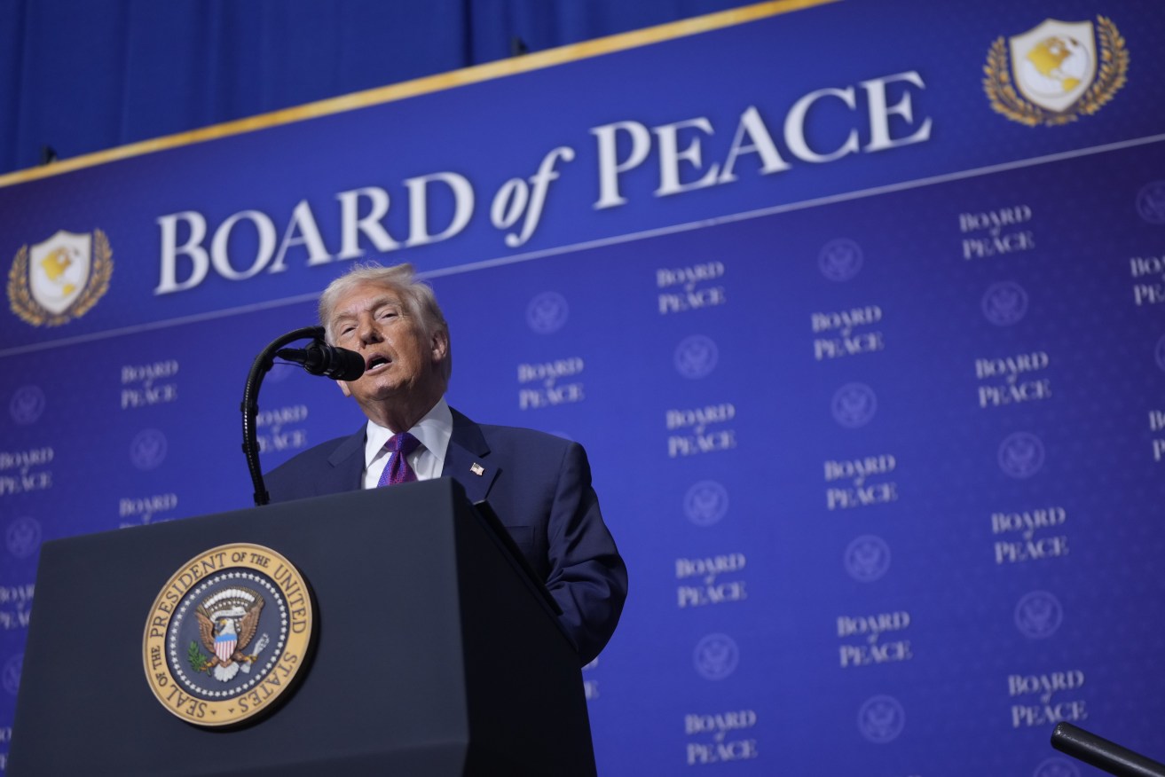 President Donald Trump speaks during a Board of Peace meeting at the US Institute of Peace.