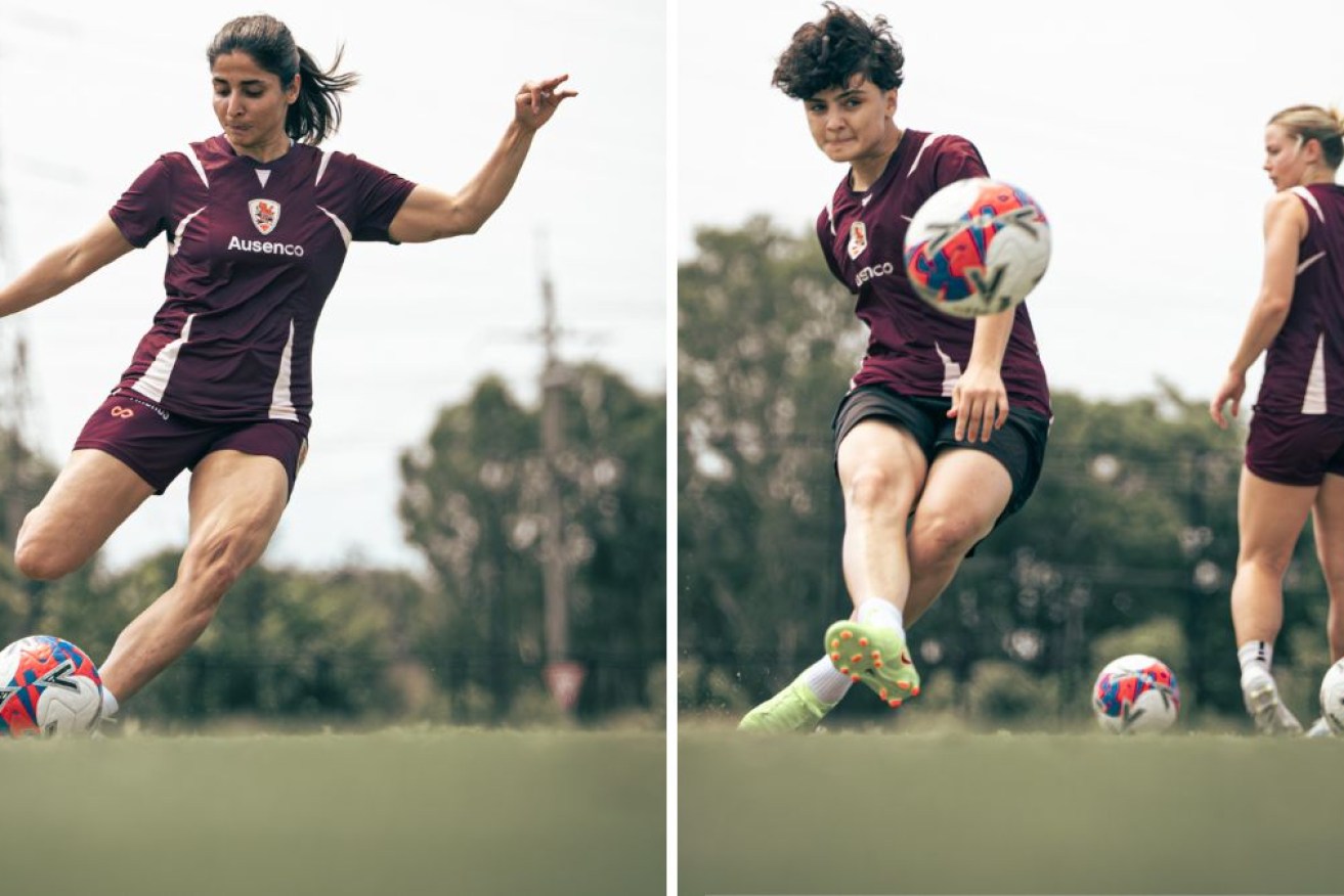 Iranian soccer players Fatemeh Pasandideh and Atefeh Ramezanisadeh hit the practice field. Photos: Brisbane Roar