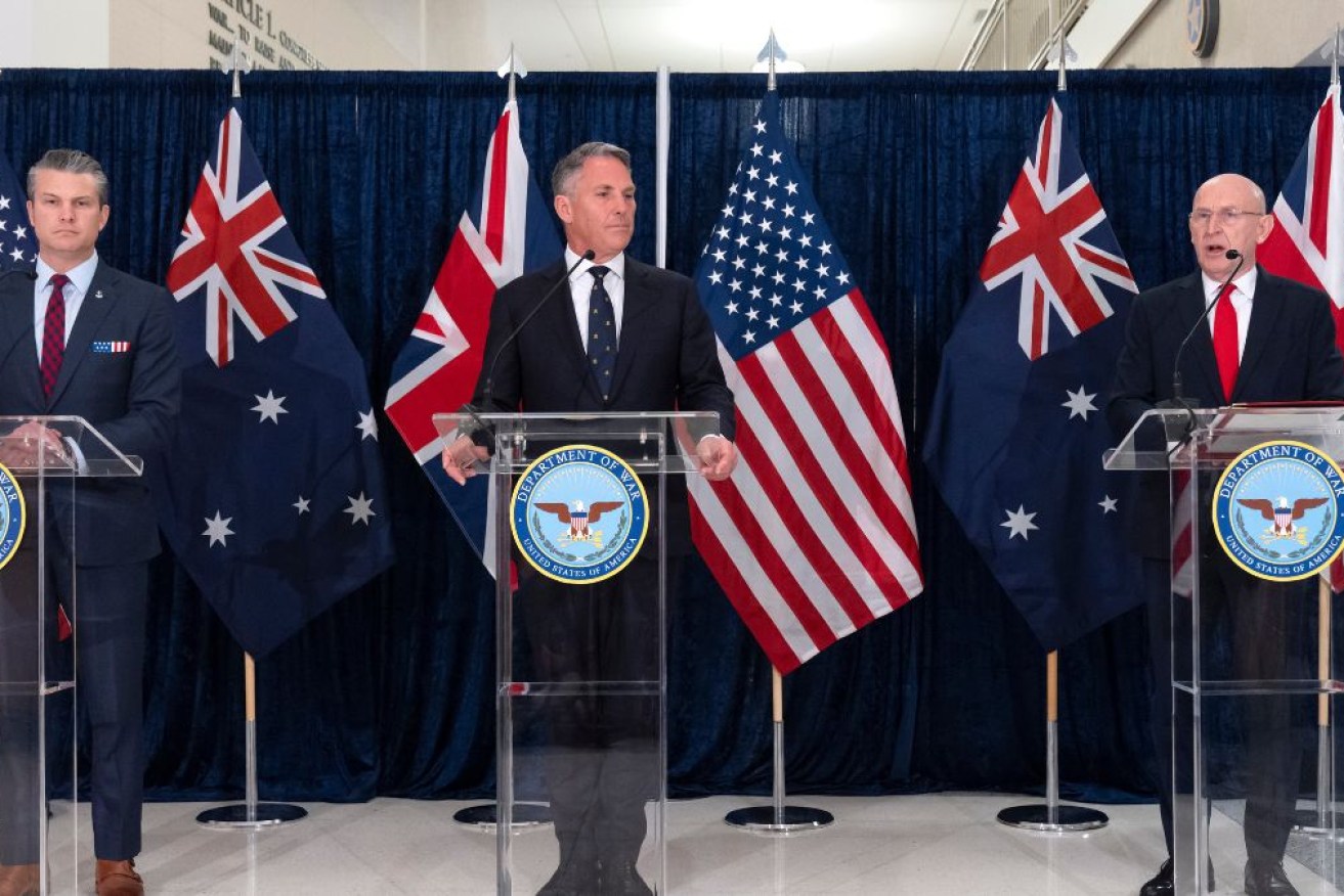 Defence Minister Richard Marles, centre, with the US Secretary of Defence, Pete Hegseth, left, and Britain's Defence Secretary, John Healey, right.