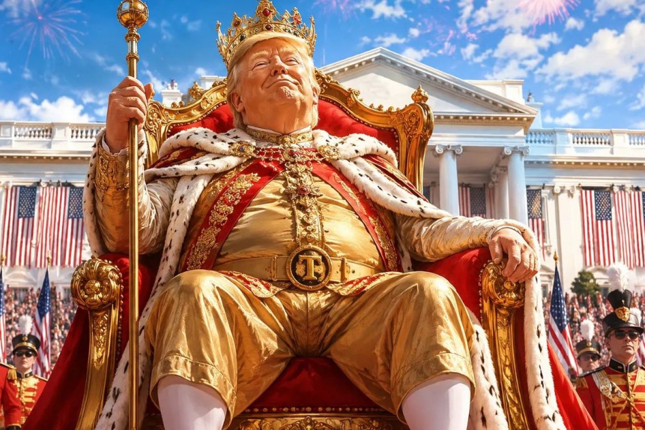“The whole point of the experiment that began 250 years ago,” writes Hartmann, “was that we wouldn’t have a man who lived in a palace and stamped his initials on the country.” (AI-generated image)