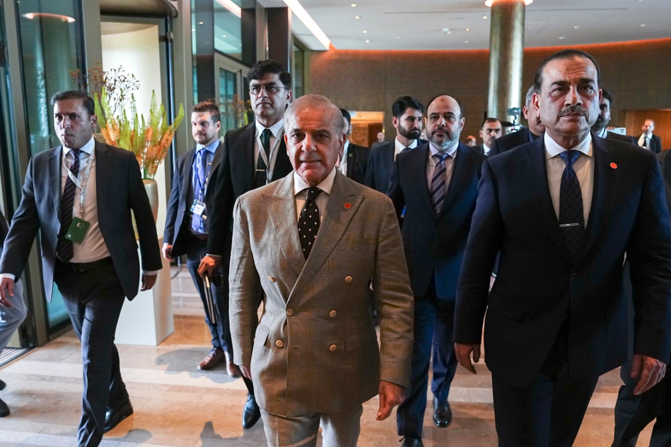 Pakistan's Prime Minister Shehbaz Sharif arrives for the Swiss talks.