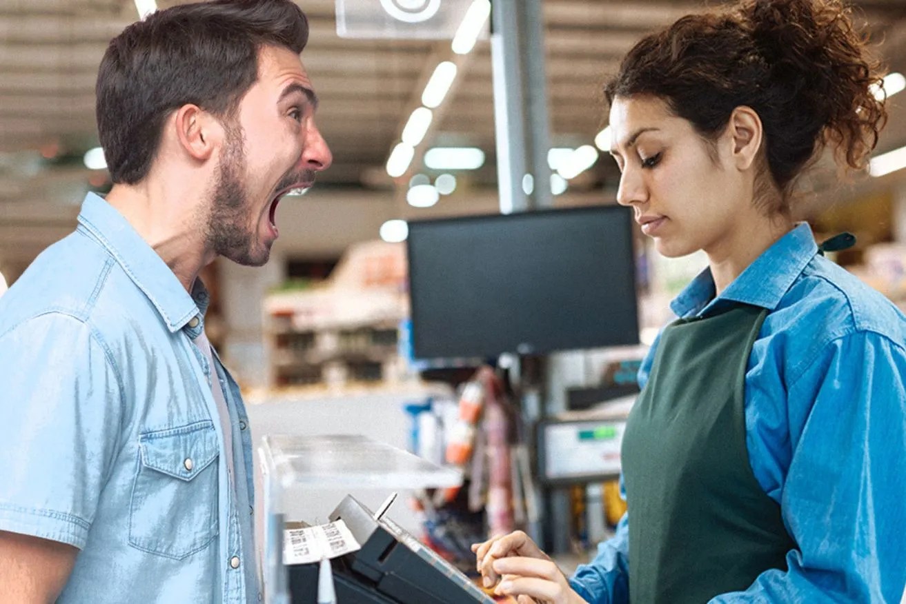 People are angriest where they feel powerless, and they direct that anger at the nearest person wearing a name badge.