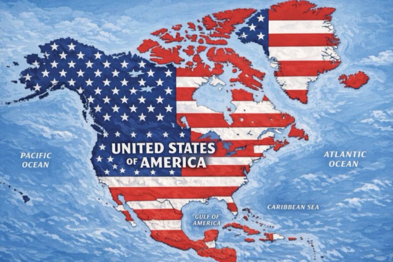 The map shows the US flag over not only the US, but also Canada, Greenland, Iceland, Mexico, and multiple countries in Central America and the Caribbean.